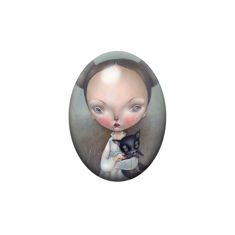 Cabochon en Verre Illustré Fille Chat Étrange 13x18, 18x25 ou 30x40mm