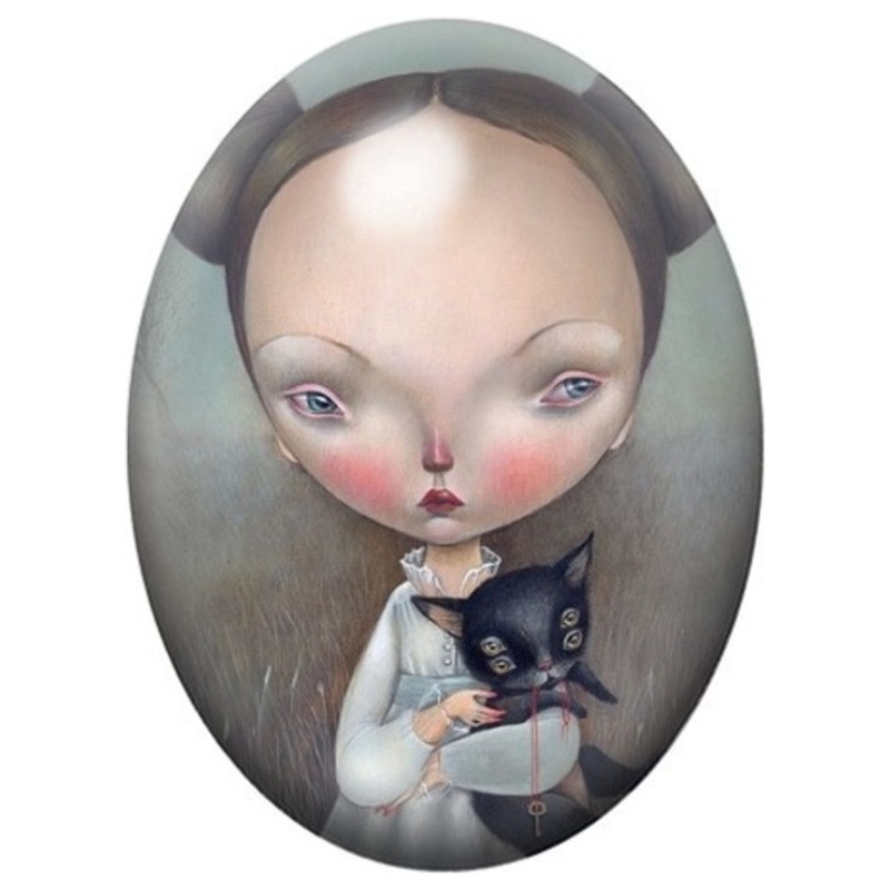 Cabochon en Verre Illustré Fillette au Chat Noir 13x18, 18x25 ou 30x40mm