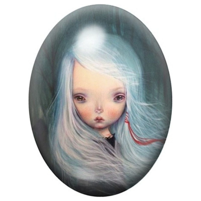 Cabochon en Verre Illustré Fillette au Fil Rouge 13x18, 18x25 ou 30x40mm