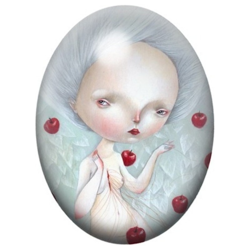 Cabochon en Verre Illustré Fillette aux Pommes Volantes 13x18, 18x25 ou 30x40mm