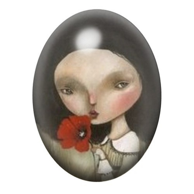 Cabochon en Verre Illustré Fillette au Coquelicot Rouge 13x18, 18x25 ou 30x40mm