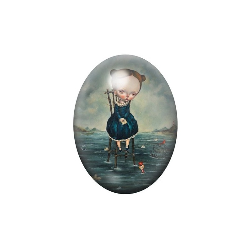 Cabochon en Verre Illustré Fille Mer Étrange 13x18, 18x25 ou 30x40mm