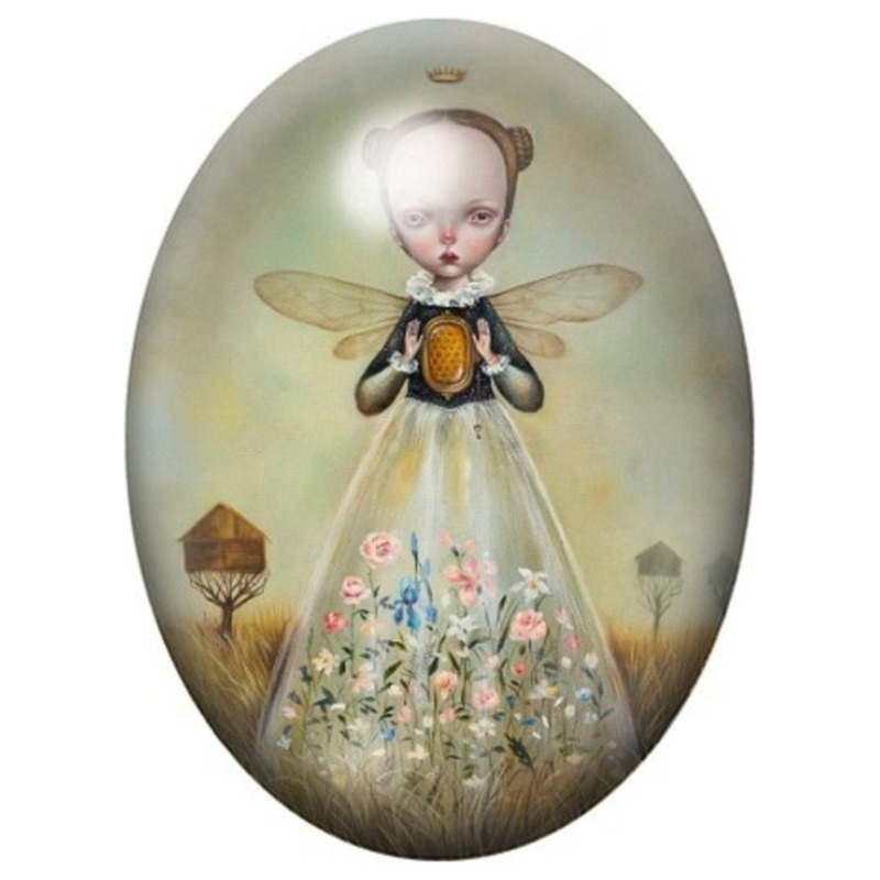 Cabochon en Verre Illustré Fillette Abeille au Jardin Fleuri 13x18, 18x25 ou 30x40mm