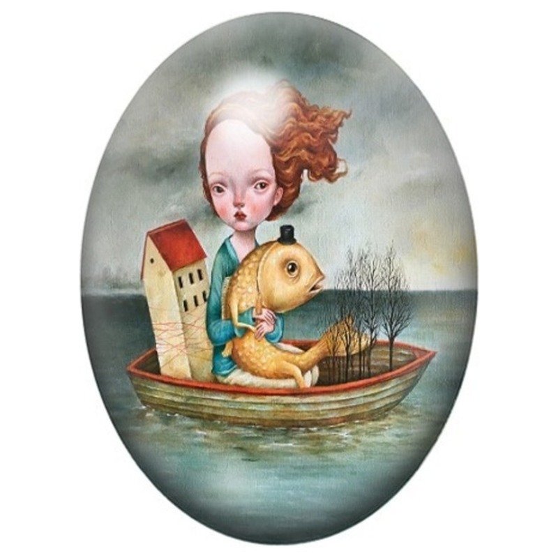 Cabochon en Verre Illustré Fillette en Barque au Poisson 13x18, 18x25 ou 30x40mm