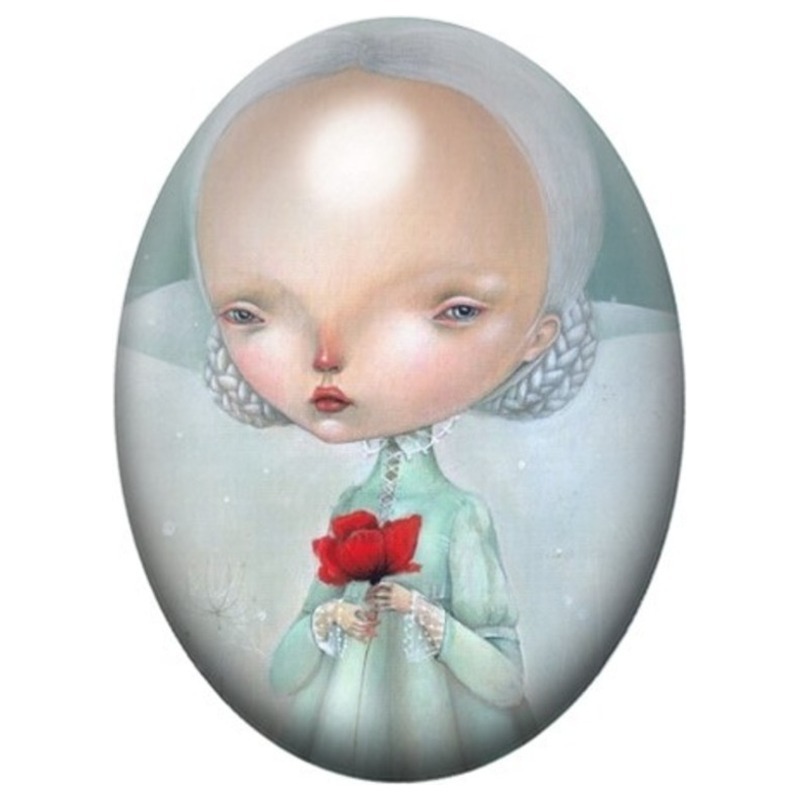 Cabochon en Verre Illustré Fillette au Coquelicot Rouge 13x18, 18x25 ou 30x40mm