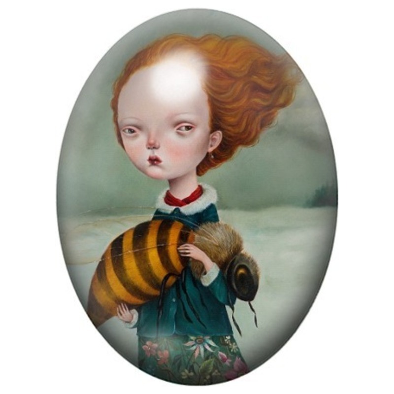 Cabochon en Verre Illustré Fillette à la Guêpe Géante 13x18, 18x25 ou 30x40mm