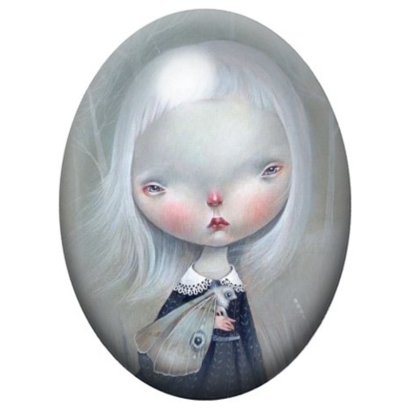 Cabochon en Verre Illustré Fillette au Lapin et Papillon 13x18, 18x25 ou 30x40mm