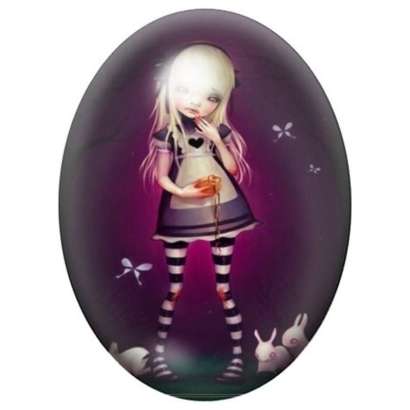 Cabochon en Verre Illustré Alice aux Papillons Blancs 13x18, 18x25 ou 30x40mm