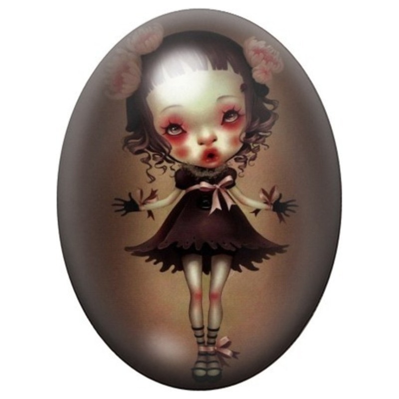 Cabochon en Verre Illustré Fillette Gothique aux Fleurs Noires 13x18, 18x25 ou 30x40mm