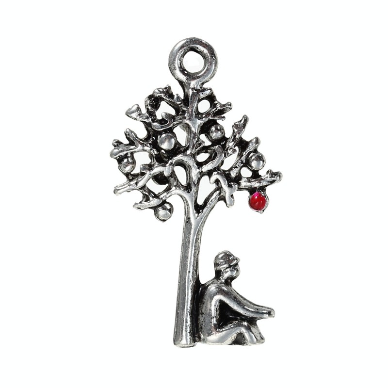 4 Breloques Arbre Argenté Pomme en Émail Rouge 25x14mm