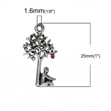 4 Breloques Arbre Argenté Pomme en Émail Rouge 25x14mm