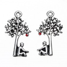 4 Breloques Arbre Argenté Pomme en Émail Rouge 25x14mm