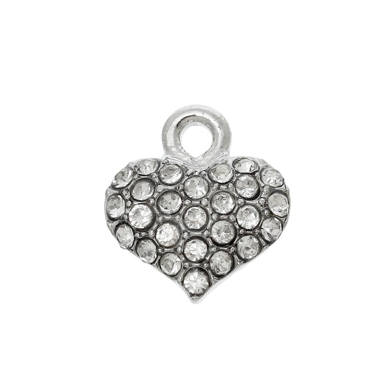2 Breloques en Métal Argenté Coeur Strass 13x12mm Saint Valentin