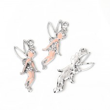 Breloque en Métal Argenté Fée en Émail Strass 37x17mm