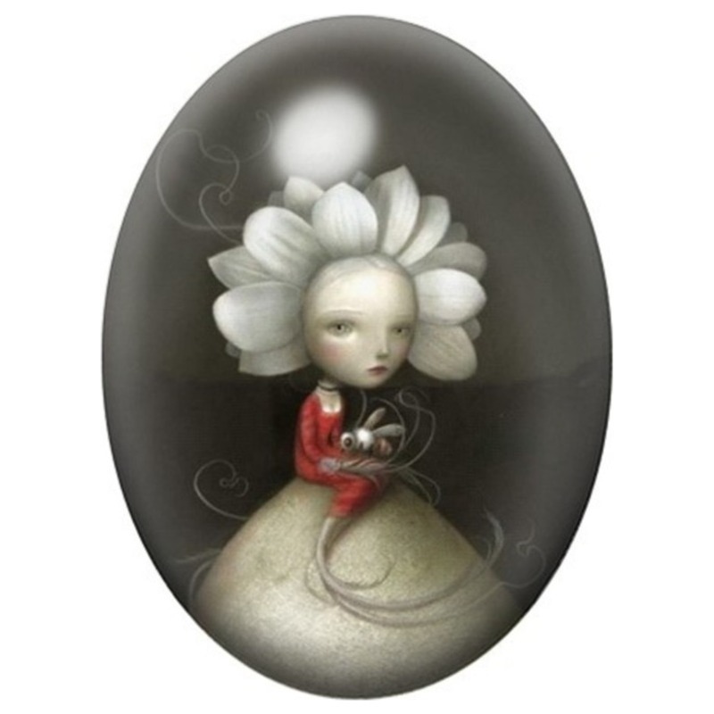 Cabochon en Verre Illustré Poupée Fleur Blanche 13x18, 18x25 ou 30x40mm