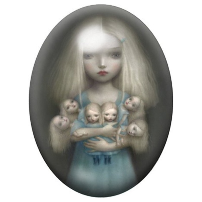 Cabochon en Verre Illustré Jeune Fille aux Petites Poupées 13x18, 18x25 ou 30x40mm