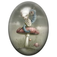 Cabochon en Verre Illustré Fée Bleue sur un Champignon Rouge 13x18, 18x25 ou 30x40mm pour la création de bijoux fantaisie - DIY