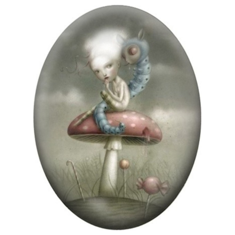 Cabochon en Verre Illustré Fée Bleue sur un Champignon Rouge 13x18, 18x25 ou 30x40mm
