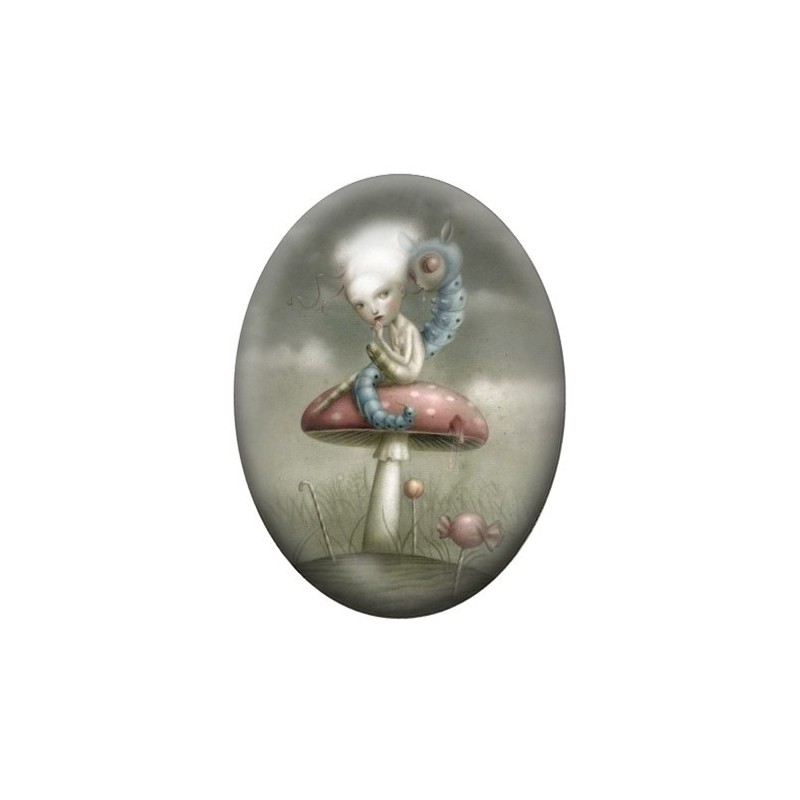 Cabochon en Verre Illustré Petite Fille Champignon Étrange 13x18, 18x25 ou 30x40mm