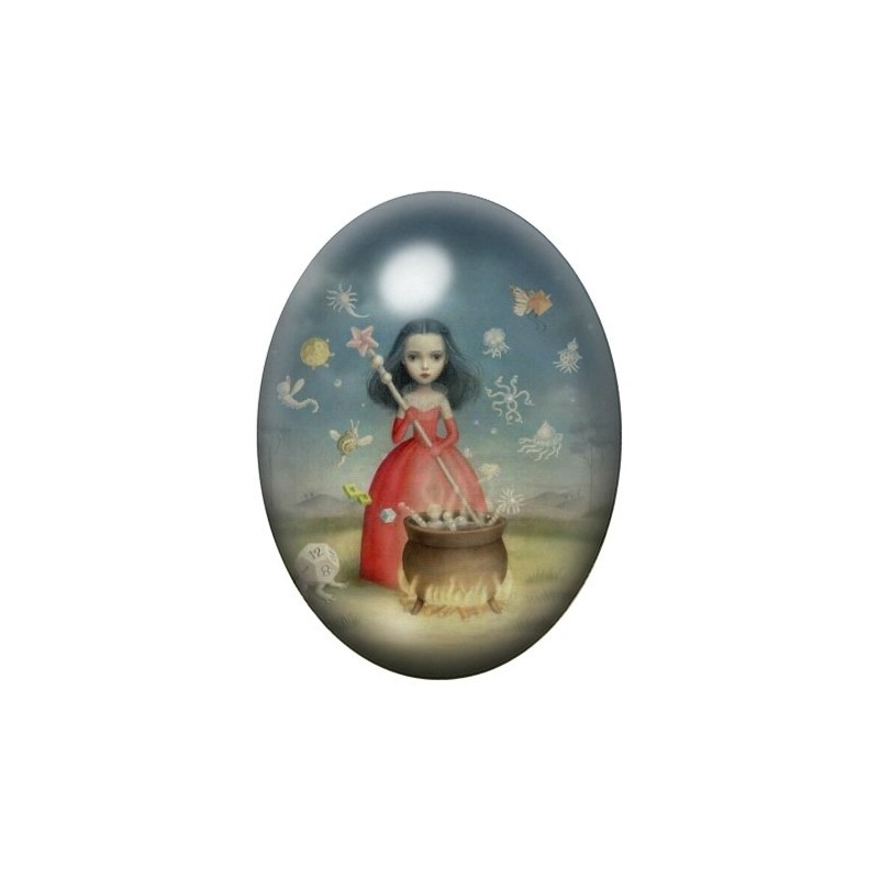 Cabochon en Verre Illustré Fille Sorcière Étrange 13x18, 18x25 ou 30x40mm