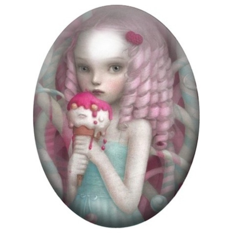 Cabochon en Verre Illustré Fée Rose au Petit Gâteau 13x18, 18x25 ou 30x40mm