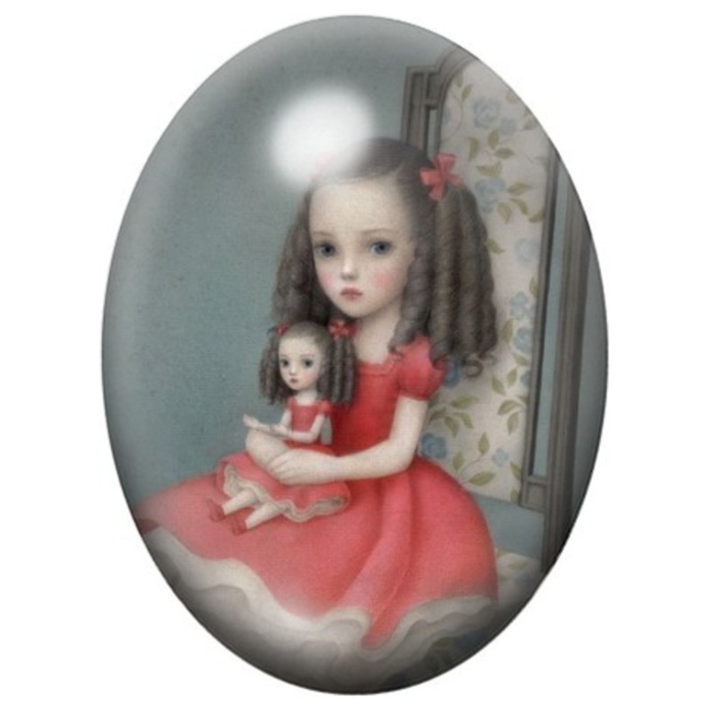 Cabochon en Verre Illustré Jeune Fille en Rouge avec sa Poupée 13x18, 18x25 ou 30x40mm