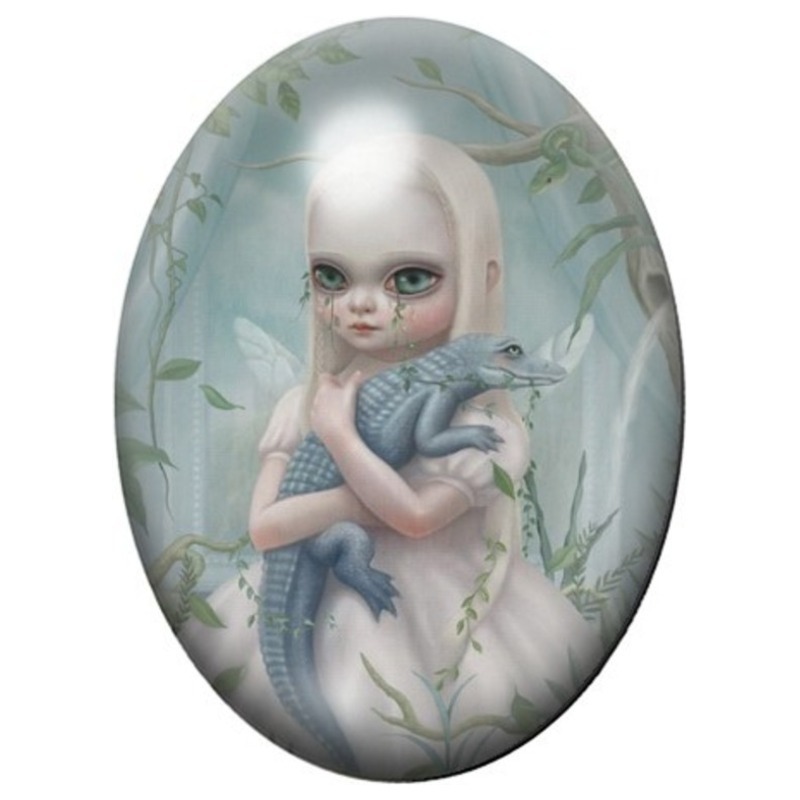 Cabochon en Verre Illustré Jeune Fille au Dragon Bleu 13x18, 18x25 ou 30x40mm