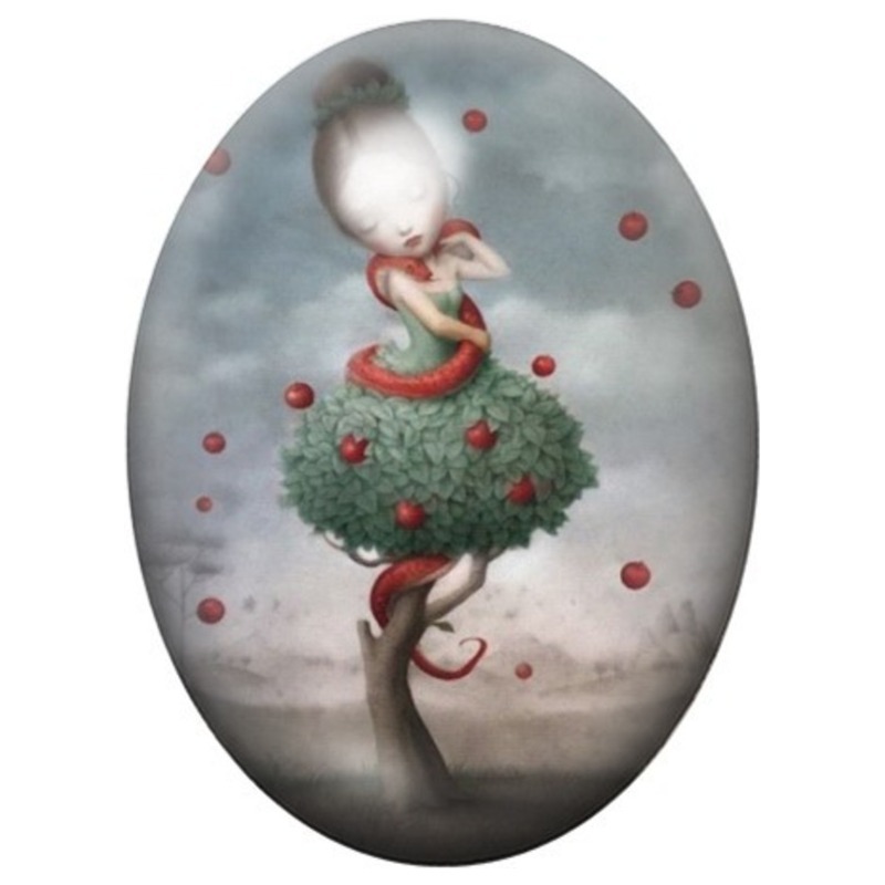 Cabochon en Verre Illustré Femme-Serpent aux Fruits Rouges 13x18, 18x25 ou 30x40mm