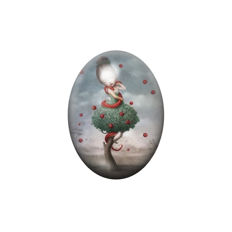 Cabochon en Verre Illustré Fille Arbre Pommes Étrange 13x18, 18x25 ou 30x40mm