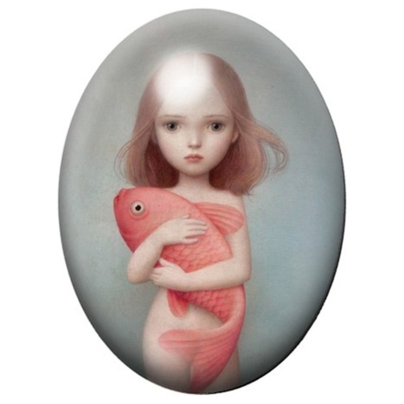 Cabochon en Verre Illustré Jeune Fille au Poisson Rose 13x18, 18x25 ou 30x40mm