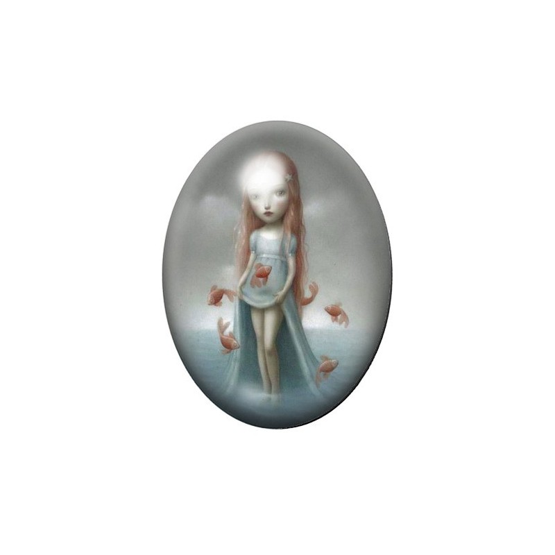 Cabochon en Verre Illustré Fille Poissons Étrange 13x18, 18x25 ou 30x40mm