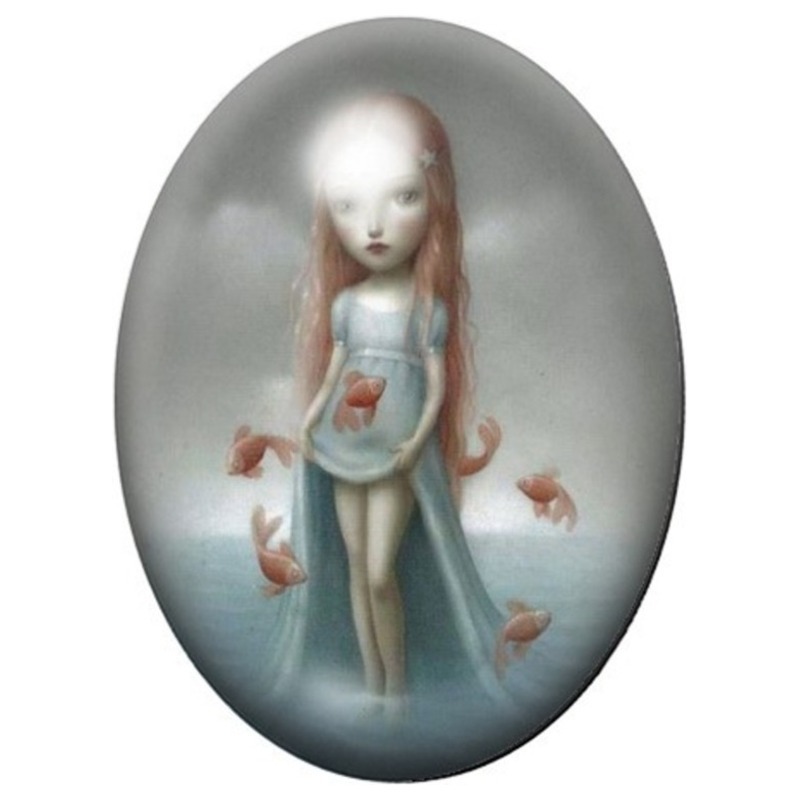 Cabochon en Verre Illustré Jeune Fille aux Poissons Rouges 13x18, 18x25 ou 30x40mm