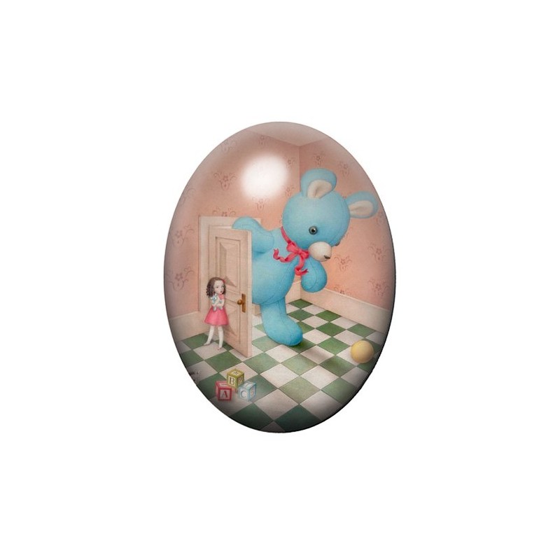 Cabochon en Verre Illustré Fille Ours Géant Étrange 13x18, 18x25 ou 30x40mm