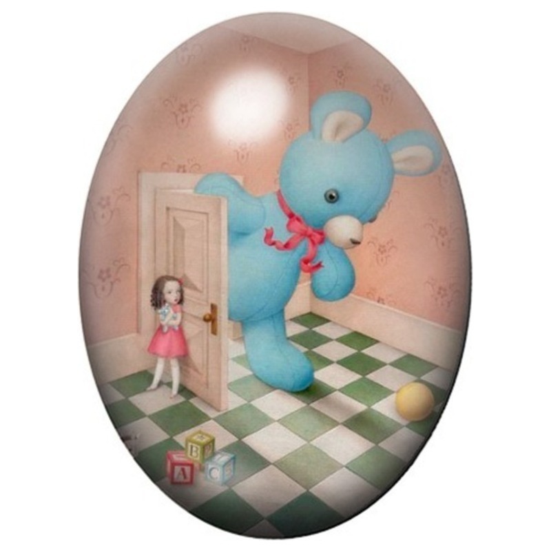 Cabochon en Verre Illustré Souris Bleue et Petite Fille 13x18, 18x25 ou 30x40mm