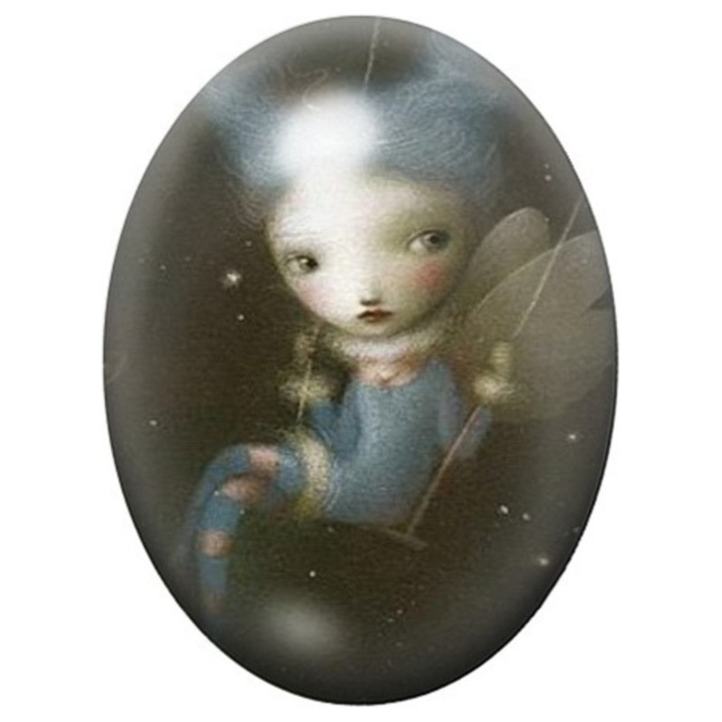 Cabochon en Verre Illustré Fée Bleue sur un Croissant de Lune 13x18, 18x25 ou 30x40mm