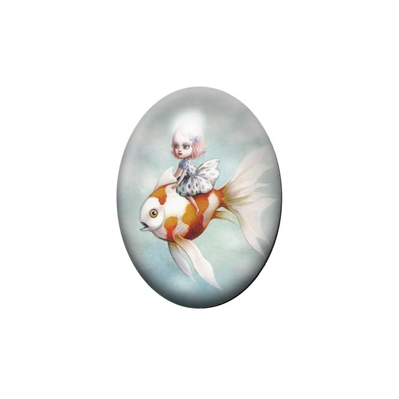 Cabochon en Verre Illustré Fille Poisson Volant Étrange 13x18, 18x25 ou 30x40mm
