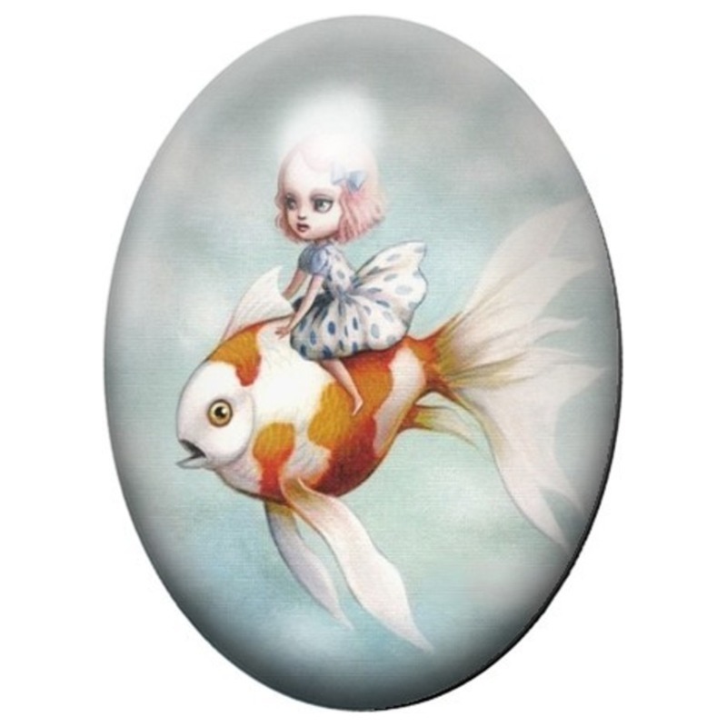 Cabochon en Verre Illustré Jeune Fille sur un Poisson Volant 13x18, 18x25 ou 30x40mm
