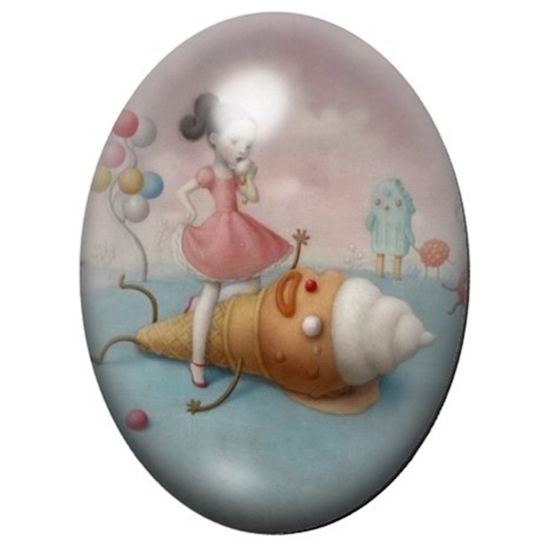 Cabochon en Verre Illustré Jeune Fille sur une Abeille Géante 13x18, 18x25 ou 30x40mm