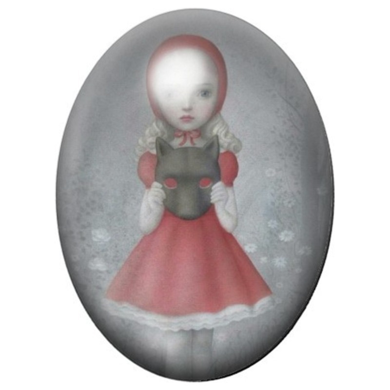 Cabochon en Verre Illustré Poupée en Robe Rouge aux Jouets Gris 13x18, 18x25 ou 30x40mm