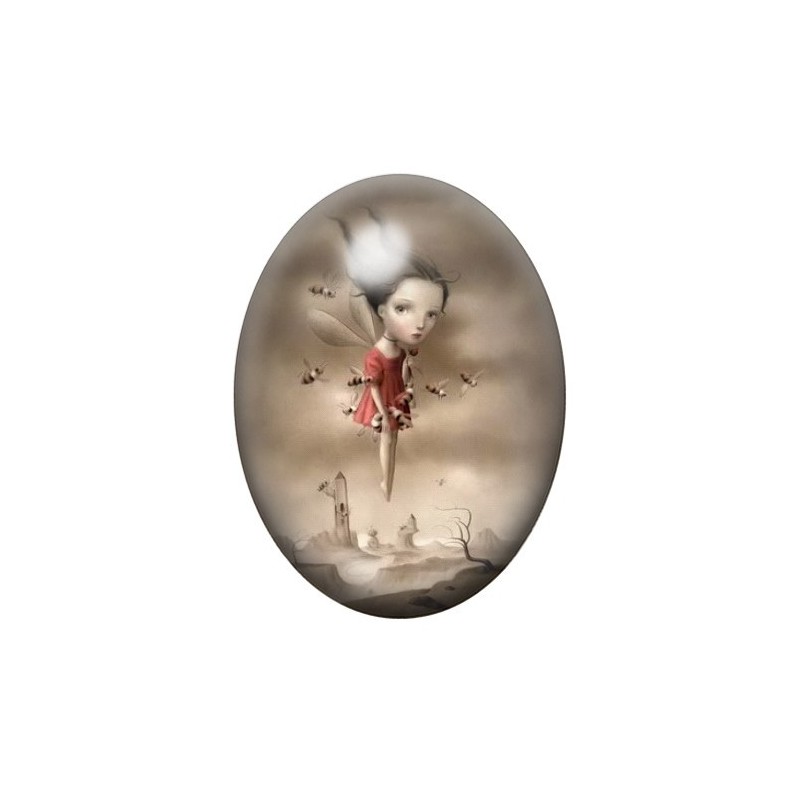 Cabochon en Verre Illustré Fille Abeilles Étrange 13x18, 18x25 ou 30x40mm