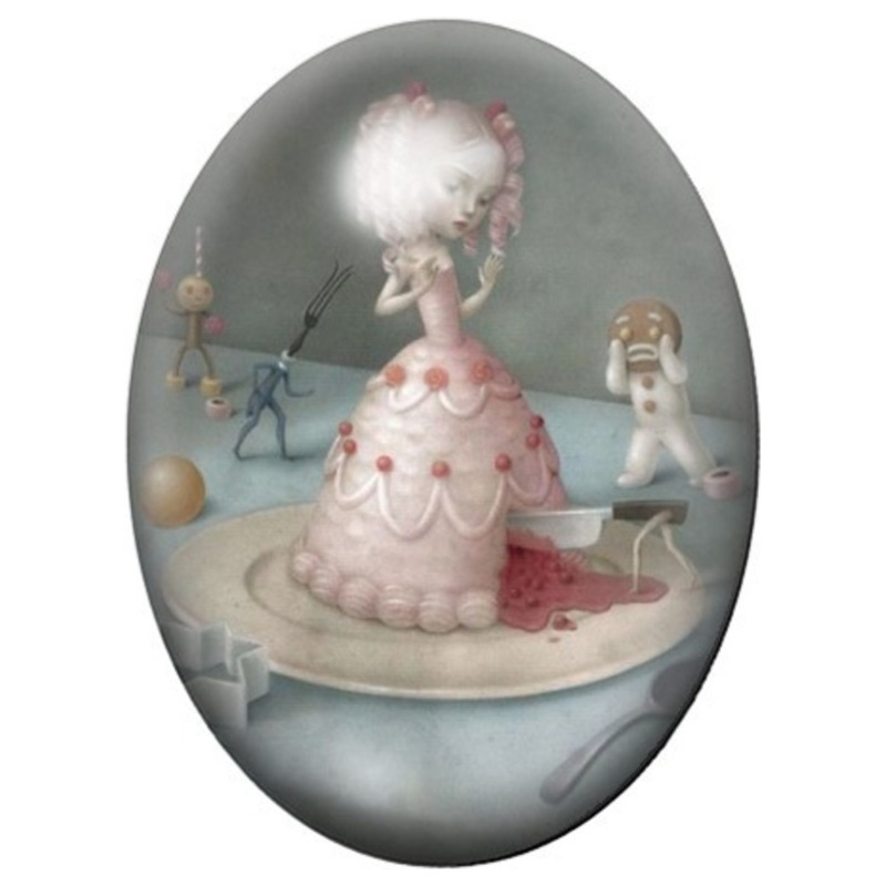 Cabochon en Verre Illustré Dame en Robe Gâteau Rose 13x18, 18x25 ou 30x40mm