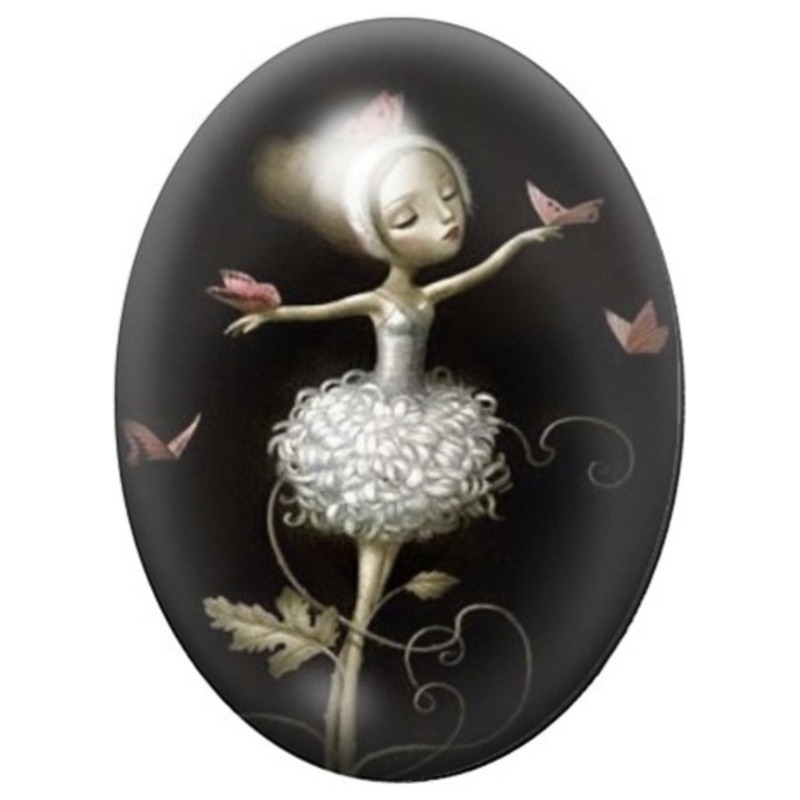 Cabochon en Verre Illustré Ballerine au Jupon de Fleurs Blanches 13x18, 18x25 ou 30x40mm