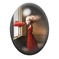Cabochon en Verre Illustré Jeune Femme et Poisson à la Fenêtre 13x18, 18x25 ou 30x40mm pour la création de bijoux fantaisie - DI