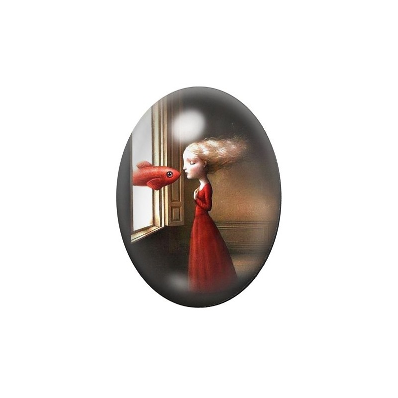 Cabochon en Verre Illustré Fille Poisson Étrange 13x18, 18x25 ou 30x40mm