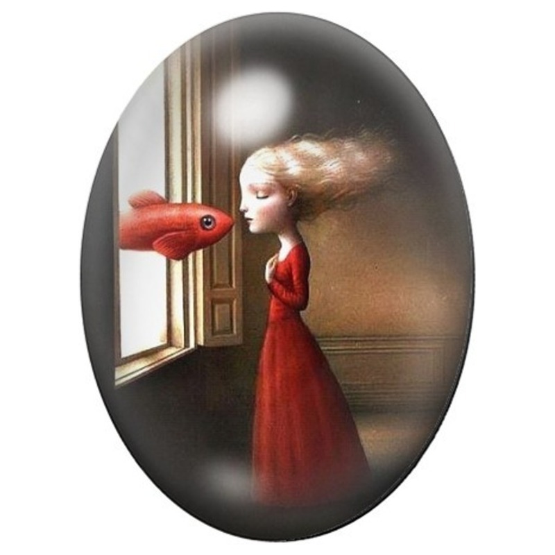 Cabochon en Verre Illustré Jeune Femme et Poisson à la Fenêtre 13x18, 18x25 ou 30x40mm