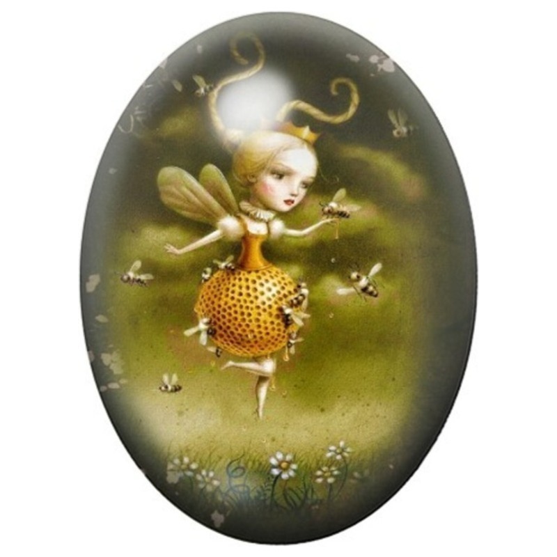 Cabochon en Verre Illustré Fée Abeille à la Robe Jaune 13x18, 18x25 ou 30x40mm