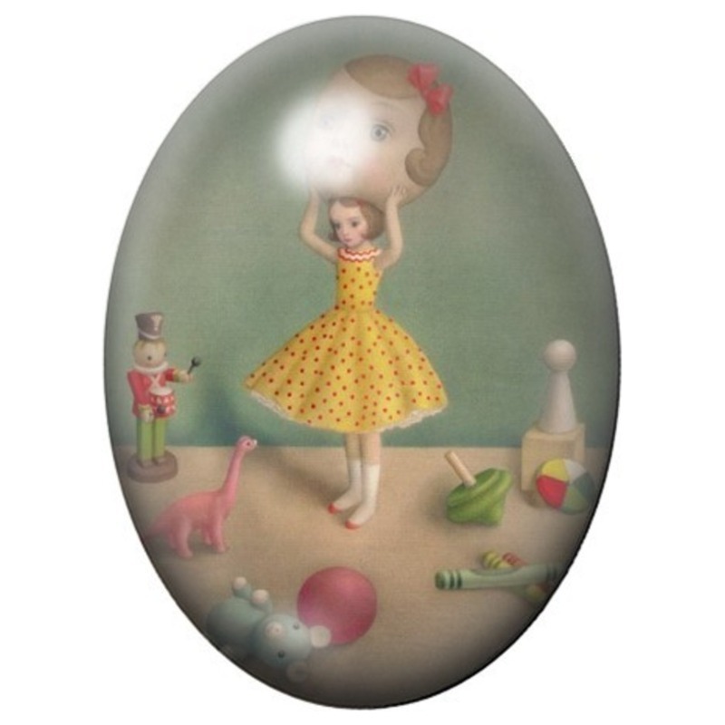 Cabochon en Verre Illustré Fillette à la Robe Jaune et Jouets 13x18, 18x25 ou 30x40mm