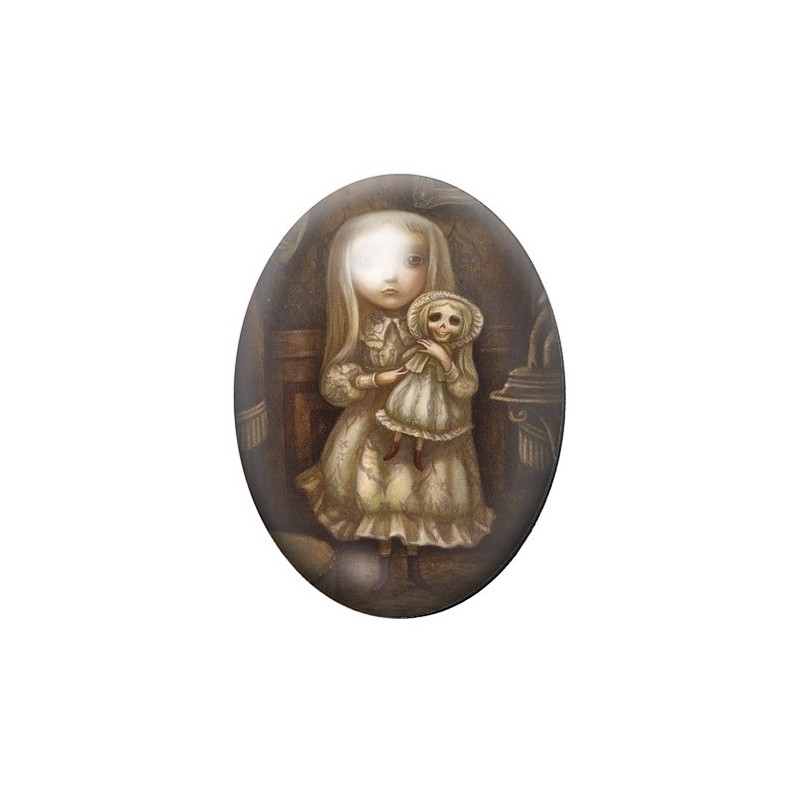 Cabochon en Verre Illustré Fille Poupée Étrange 13x18, 18x25 ou 30x40mm