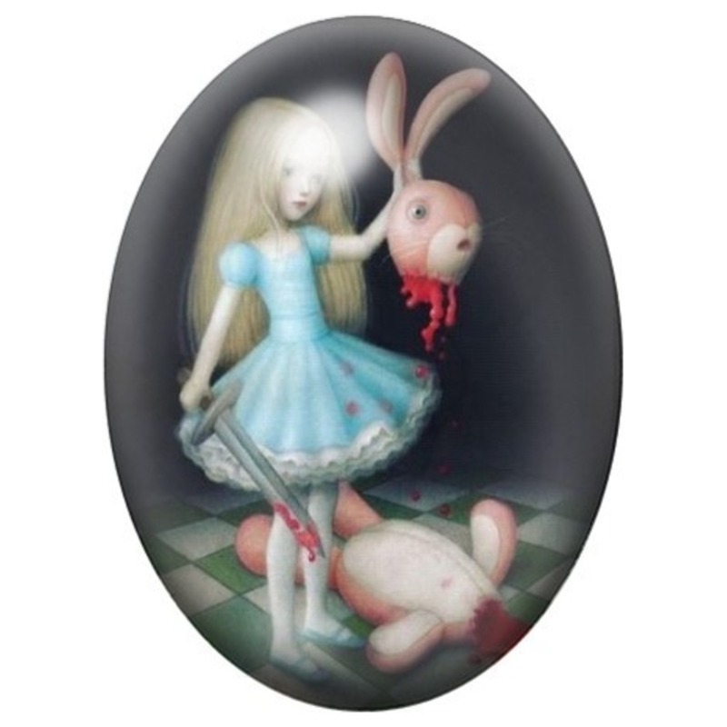 Cabochon en Verre Illustré Alice aux Lapins Blancs 13x18, 18x25 ou 30x40mm