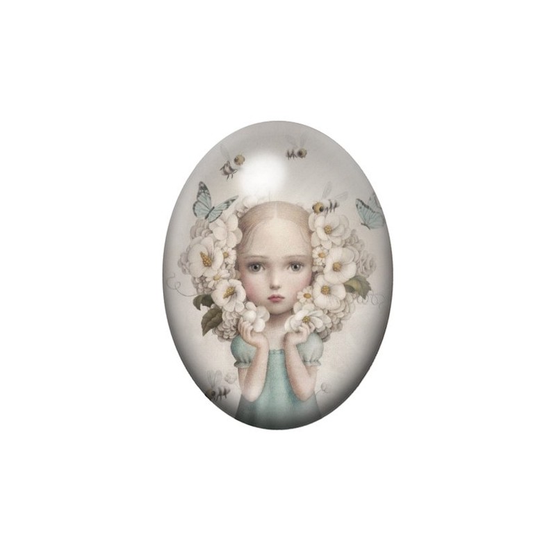 Cabochon en Verre Illustré Fille Fleurie Étrange 13x18, 18x25 ou 30x40mm